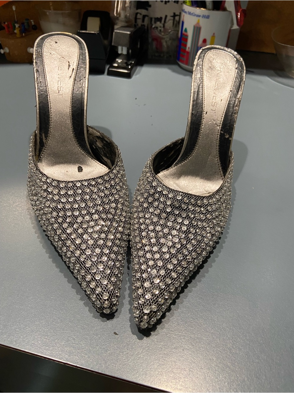 Nine West Silver Rhinestone Pointed-Toe Mule Heels